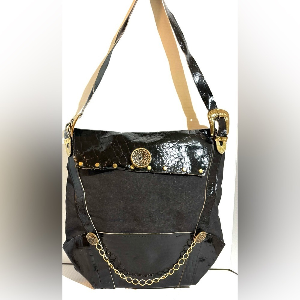 Handmade denim  / leather leather Black and Gold Women's Bag
